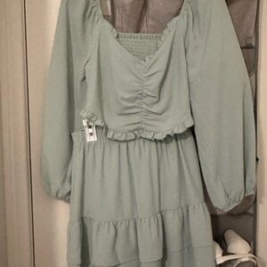 Light Green Ruched Long Sleeve Two Piece